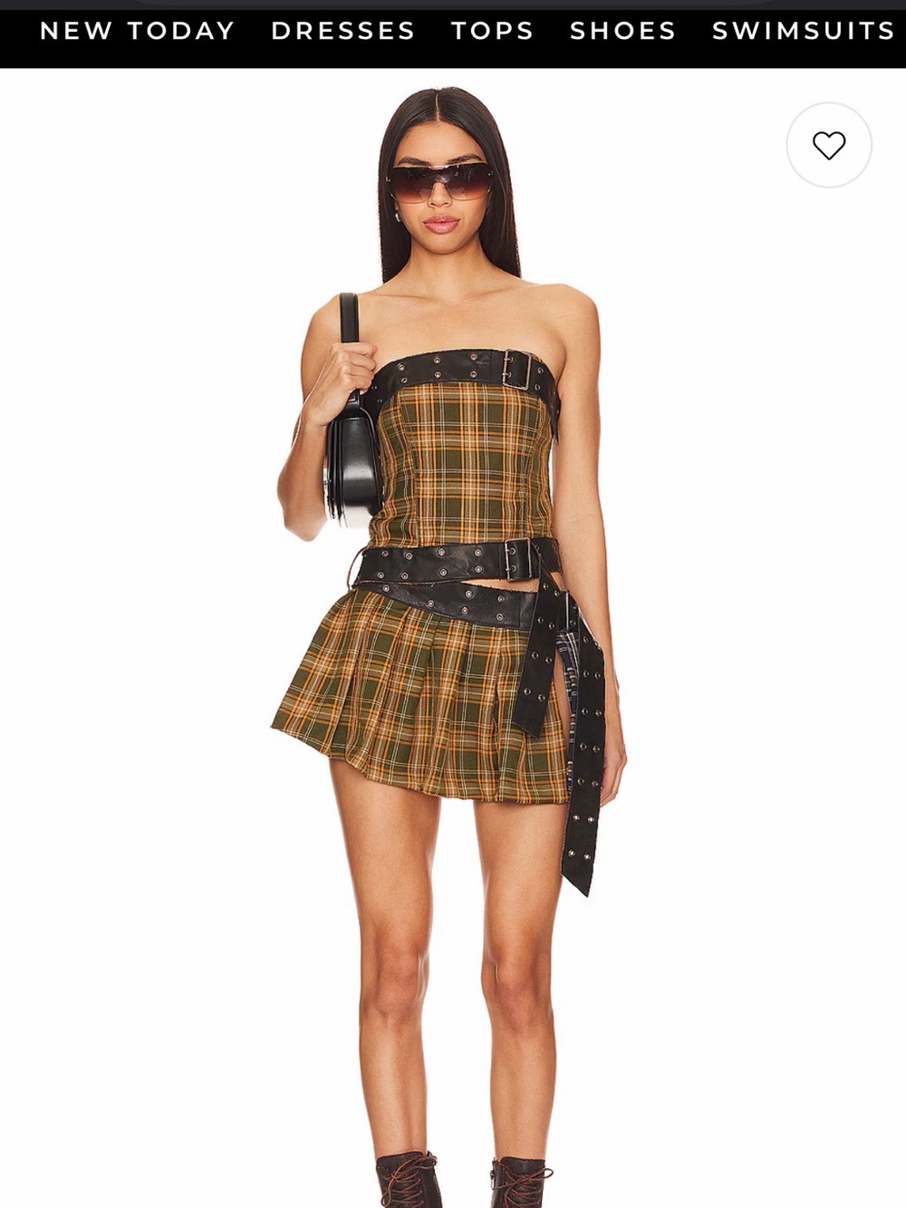 Strapless Plaid Kilt Mini Dress with Studded Belt - Olive Plaid, NWT, size 6